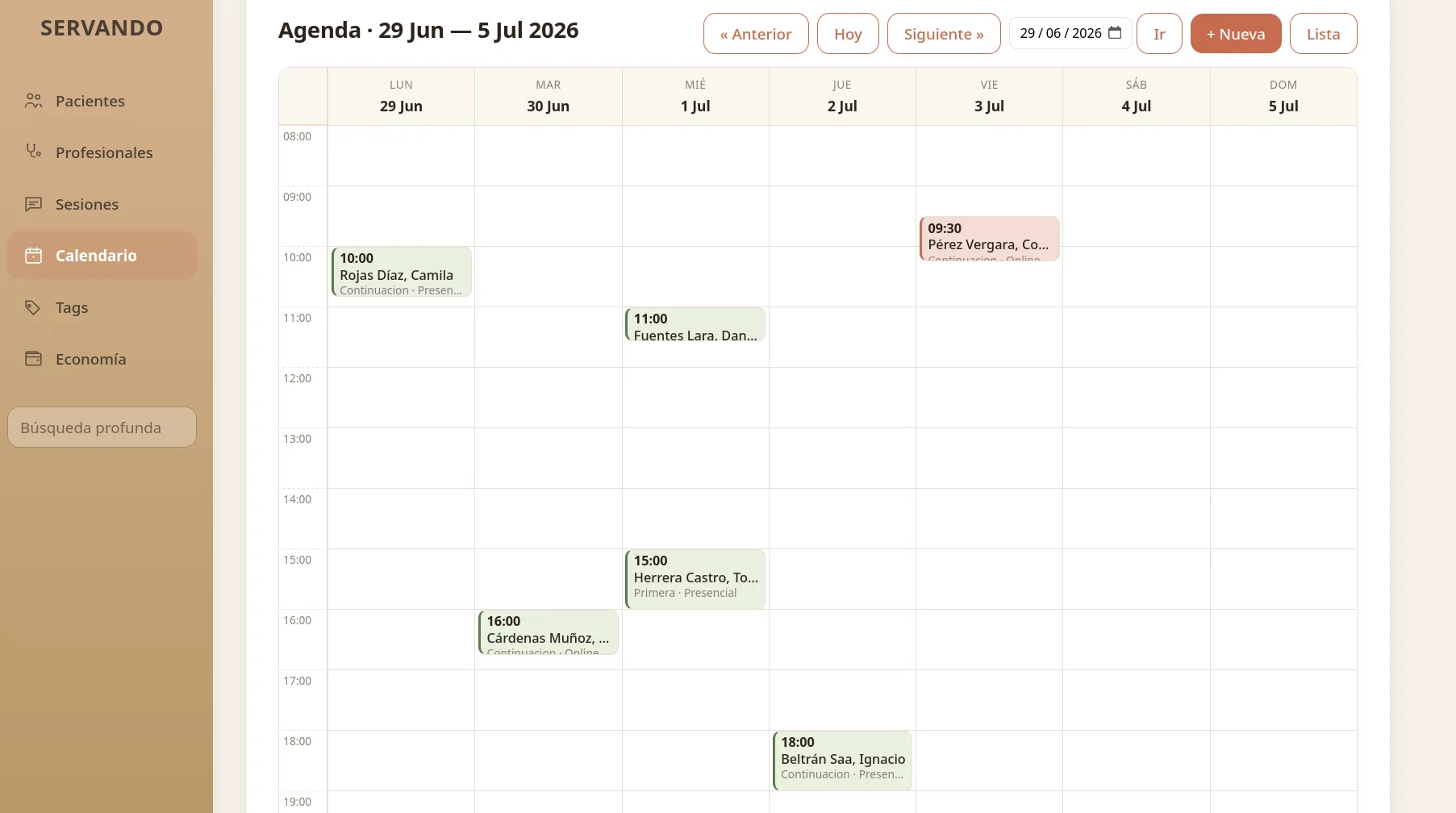 Agenda semanal con sesiones